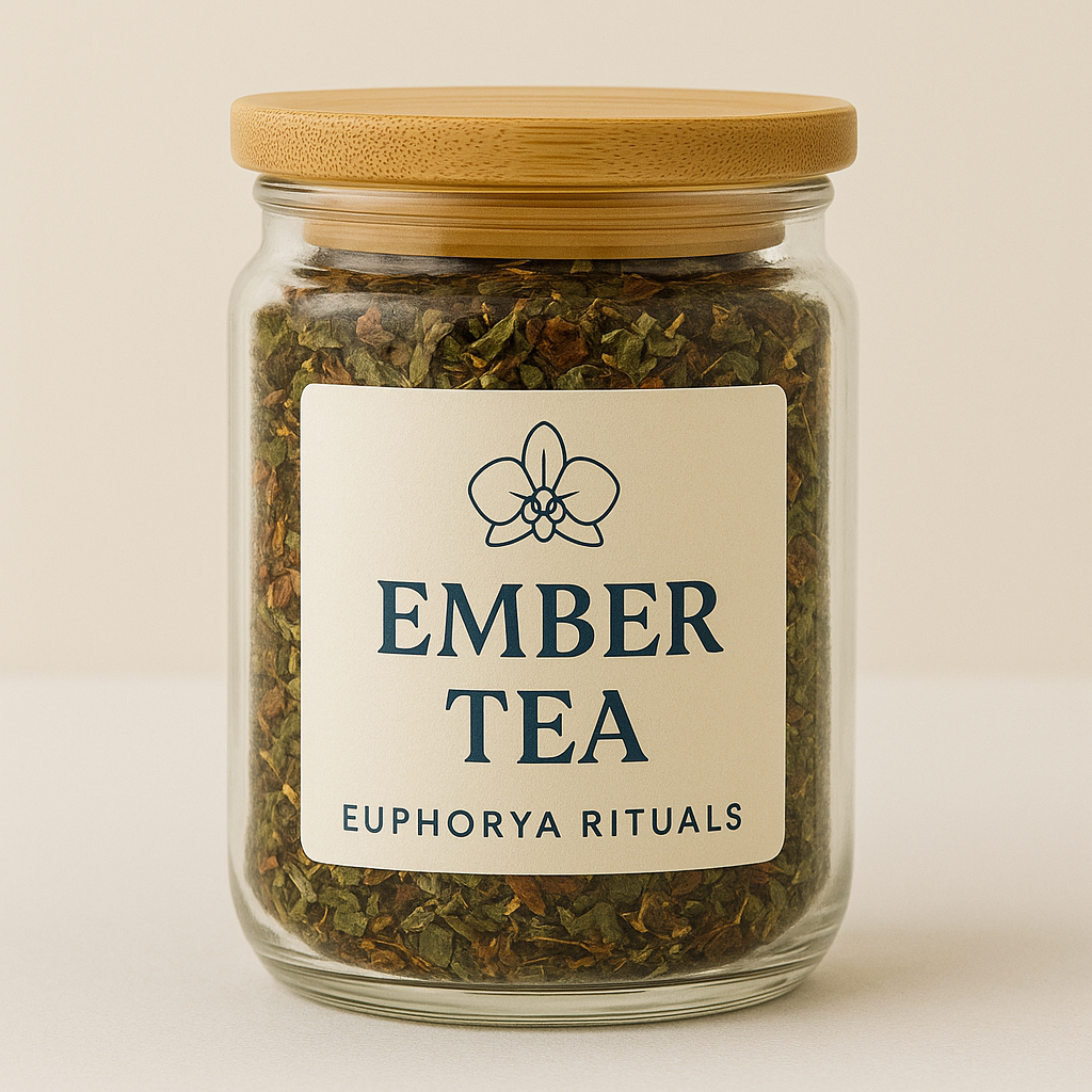 Jar of Ember Tea with a wooden lid on a beige background