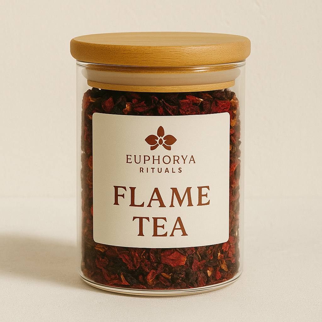 Flame Tea in glass jar with bamboo lid