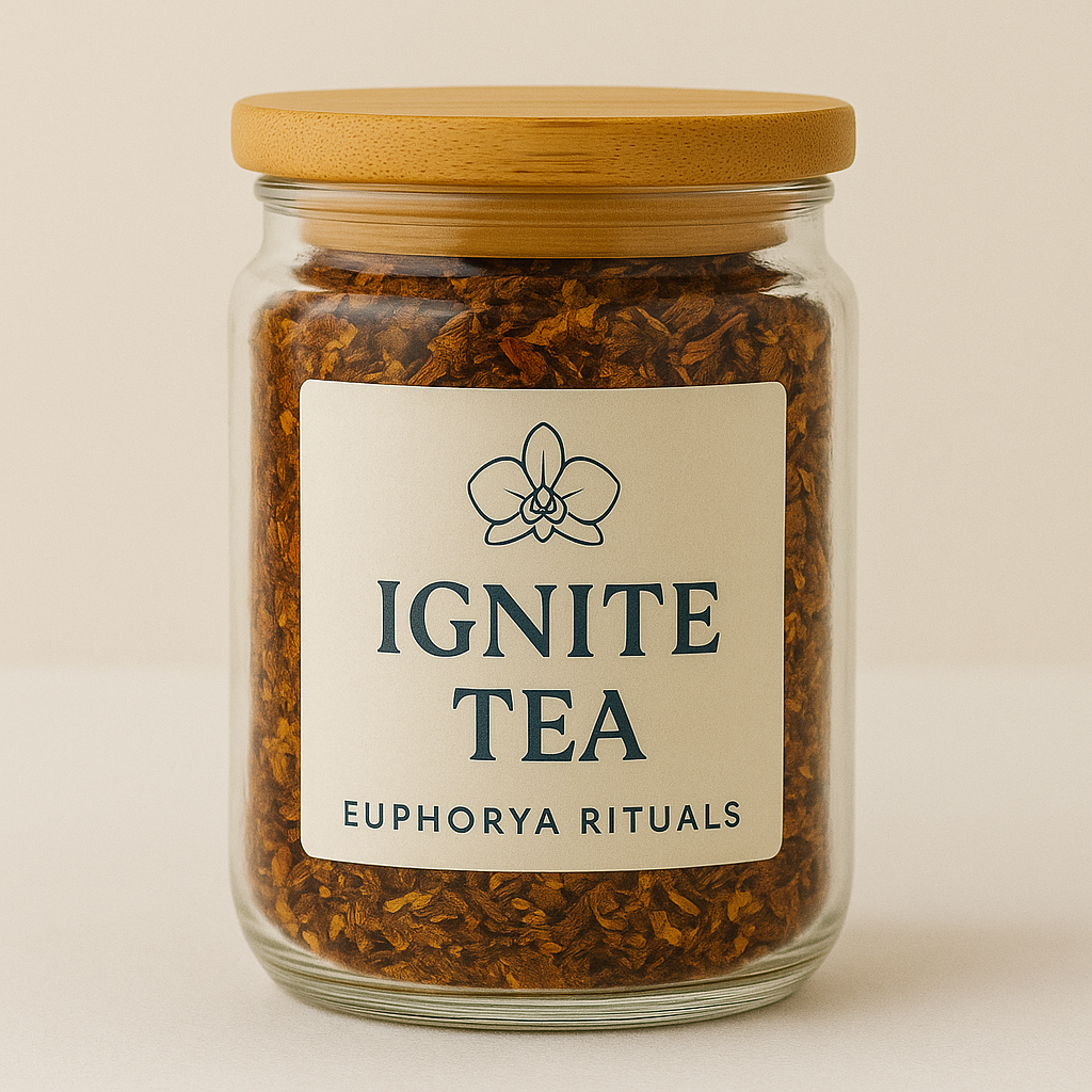 Jar of 'Ignite Tea' by Euphoria Rituals with a wooden lid on a beige background